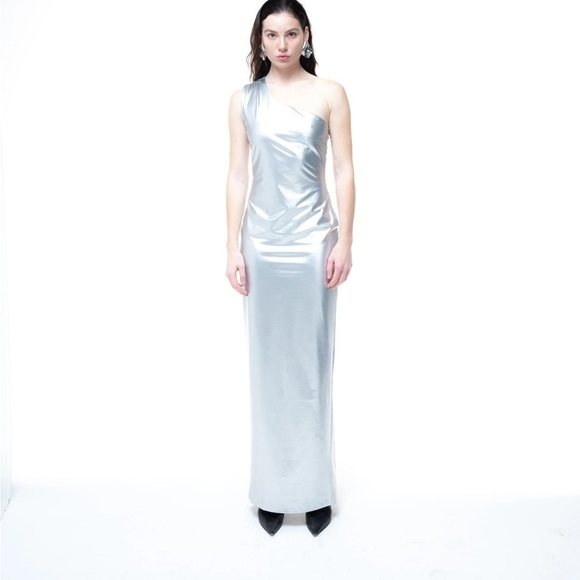Attem Space Silver Chrome Sunday Maxi Dress Vegan Leather - Picture 1 of 7